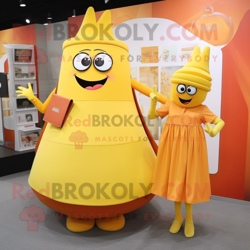 Yellow Orange mascot costume character dressed with a Empire Waist Dress and Wallets