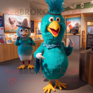 Teal Rooster mascot costume character dressed with a Pencil Skirt and Mittens