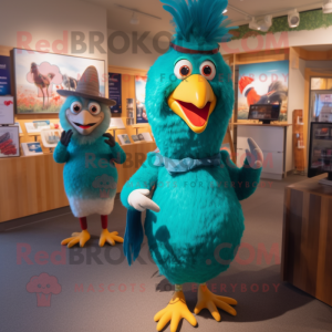 Teal Rooster maskot kostume...