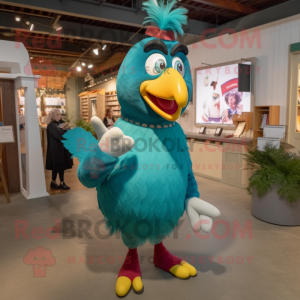 Teal Rooster mascot costume character dressed with a Pencil Skirt and Mittens