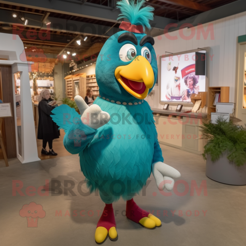 Teal Rooster mascot costume character dressed with a Pencil Skirt and Mittens Teal Rooster mascot costume character dressed with a Pencil Skirt and Mittens