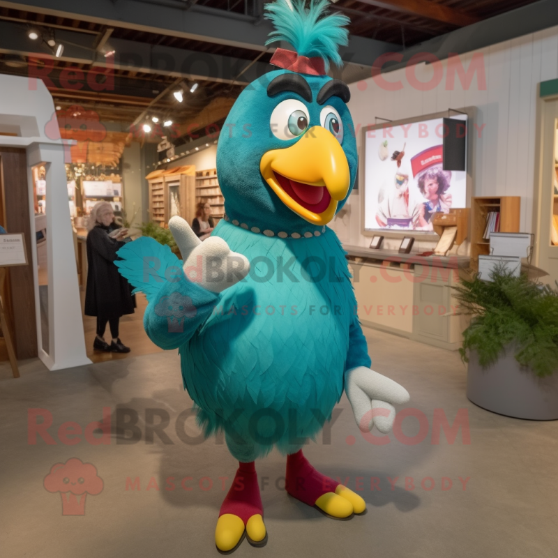 Teal Rooster mascot costume character dressed with a Pencil Skirt and Mittens