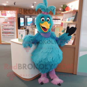 Teal Rooster mascot costume character dressed with a Pencil Skirt and Mittens