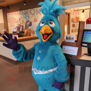 Teal Rooster mascot costume character dressed with a Pencil Skirt and Mittens