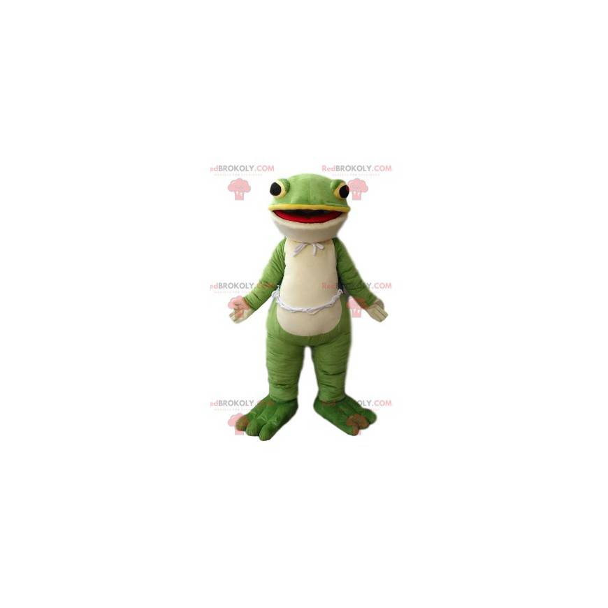 Bardzo uśmiechnięta zielona i biała maskotka żaba -