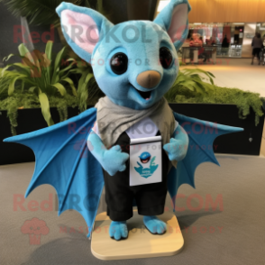 Cyan Bat mascot costume character dressed with a Henley Shirt and Scarf clips