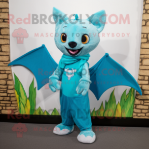 Cyan Bat mascot costume character dressed with a Henley Shirt and Scarf clips