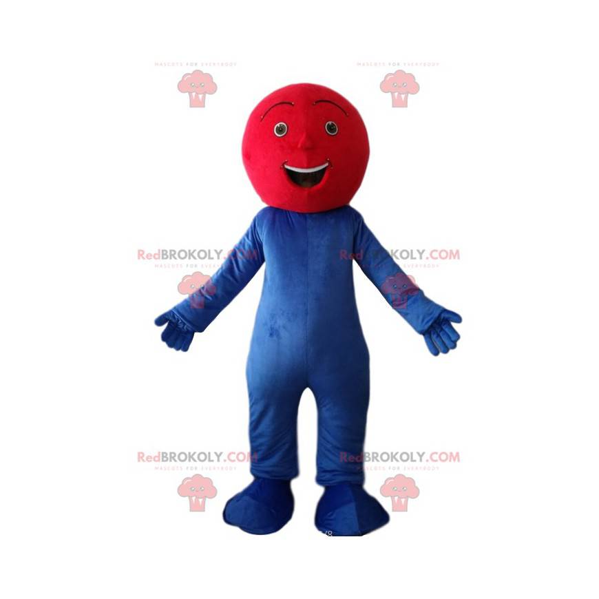 Mascote do boneco de neve azul muito feliz com uma cabeça