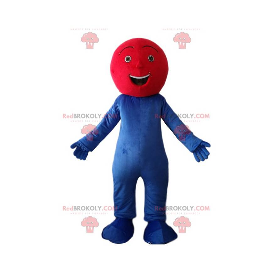 Mascotte de bonhomme bleu très heureux avec une tête rouge. -