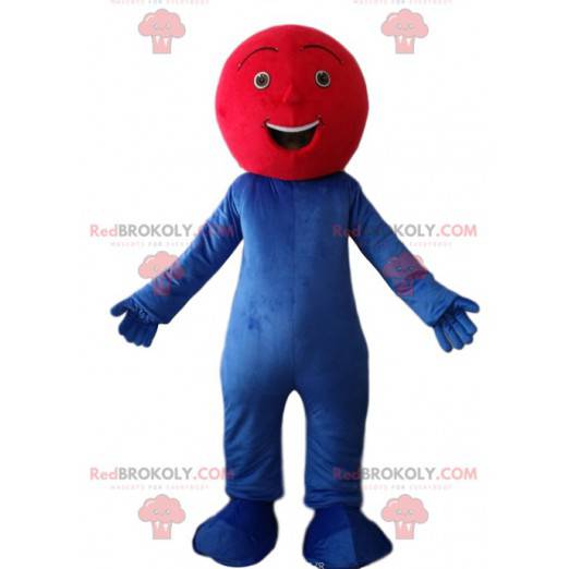 Mascota de muñeco de nieve azul muy feliz con una cabeza roja.