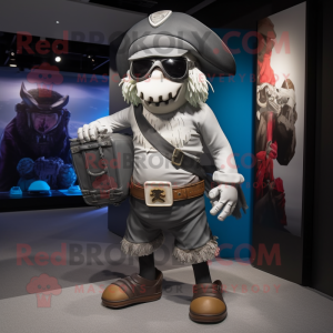Silver Pirate mascot costume character dressed with a Board Shorts and Backpacks