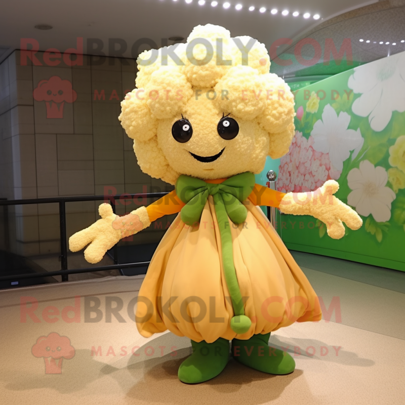 Tan Cauliflower mascot costume character dressed with a Maxi Dress and Hairpins