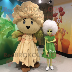 Tan Cauliflower mascot costume character dressed with a Maxi Dress and Hairpins