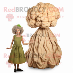 Tan Cauliflower mascot costume character dressed with a Maxi Dress and Hairpins