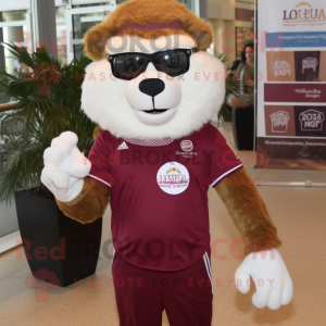 Maroon Tamer Lion mascot costume character dressed with a Henley Tee and Sunglasses