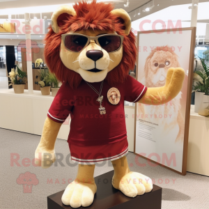 Maroon Tamer Lion mascot costume character dressed with a Henley Tee and Sunglasses