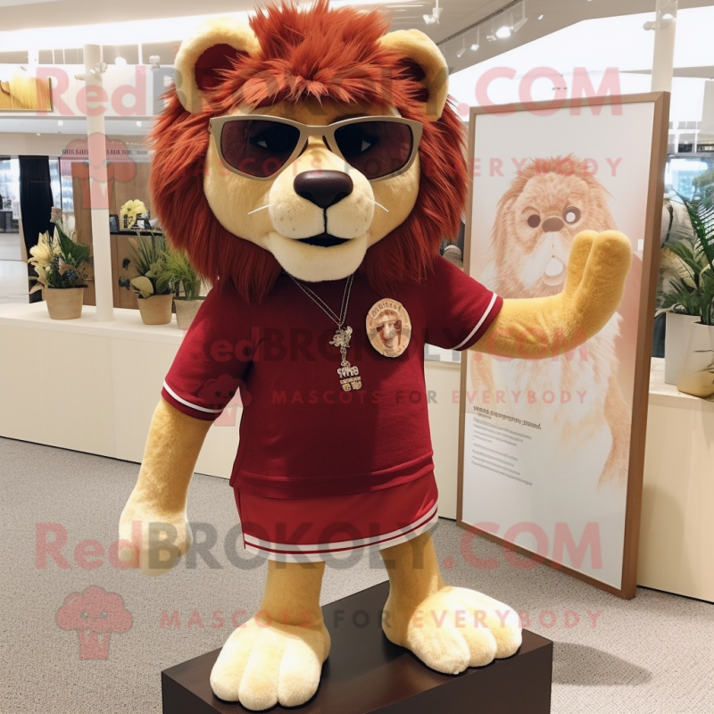 Maroon Tamer Lion mascot costume character dressed with a Henley Tee and Sunglasses Maroon Tamer Lion mascot costume character dressed with a Henley Tee and Sunglasses