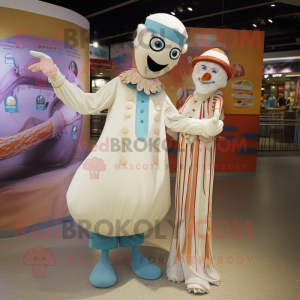 Cream Stilt Walker mascot costume character dressed with a Playsuit and Shawls