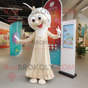 Cream Stilt Walker mascot costume character dressed with a Playsuit and Shawls