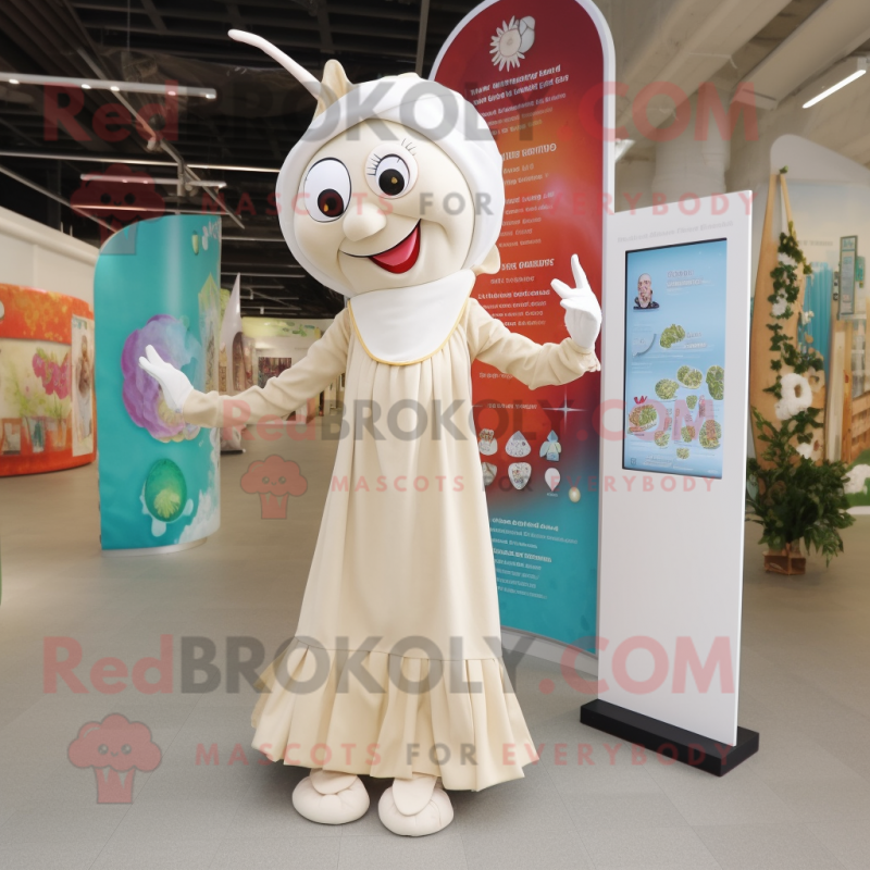 Cream Stilt Walker mascot costume character dressed with a Playsuit and Shawls Cream Stilt Walker mascot costume character dressed with a Playsuit and Shawls