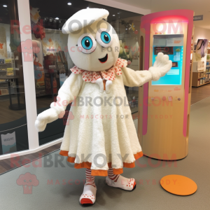 Cream Stilt Walker mascot costume character dressed with a Playsuit and Shawls