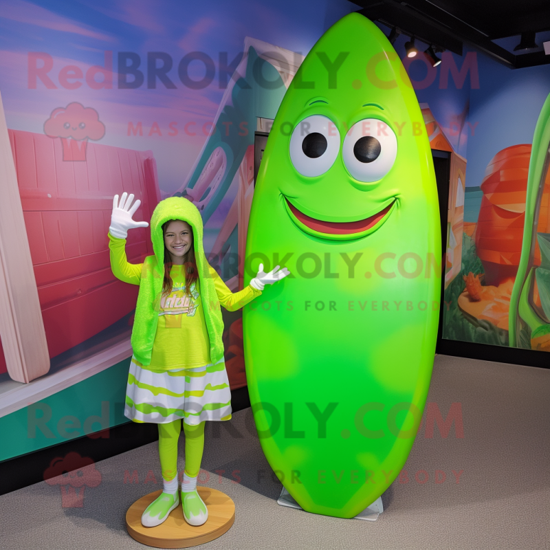 Lime Green Surfboard mascot costume character dressed with a Pencil Skirt and Mittens Lime Green Surfboard mascot costume character dressed with a Pencil Skirt and Mittens