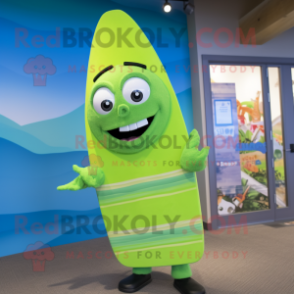 Lime Green Surfboard mascot costume character dressed with a Pencil Skirt and Mittens