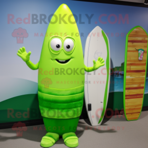 Lime Green Surfboard mascot costume character dressed with a Pencil Skirt and Mittens