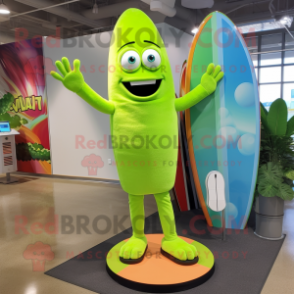 Lime Green Surfboard mascot costume character dressed with a Pencil Skirt and Mittens