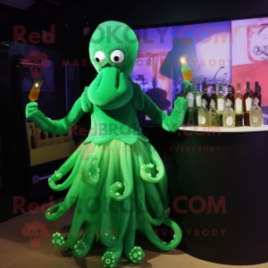 Green Octopus mascot costume character dressed with a Cocktail Dress and Shoe clips
