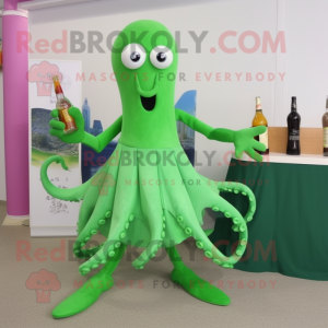 Green Octopus mascot costume character dressed with a Cocktail Dress and Shoe clips