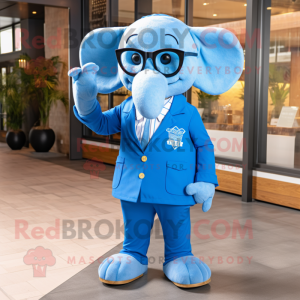 Blue Elephant mascot costume character dressed with a Jacket and Eyeglasses