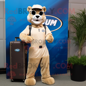Tan Puma mascot costume character dressed with a Jumpsuit and Briefcases