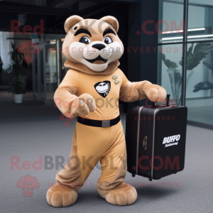 Tan Puma mascot costume character dressed with a Jumpsuit and Briefcases