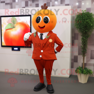 Red Apricot mascot costume character dressed with a Suit and Digital watches