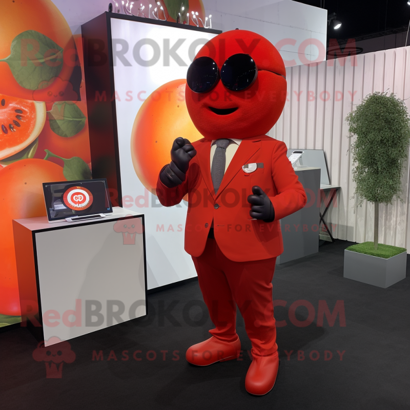 Red Apricot mascot costume character dressed with a Suit and Digital watches