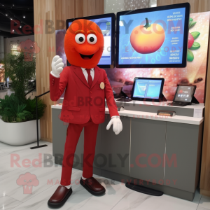 Red Apricot mascot costume character dressed with a Suit and Digital watches