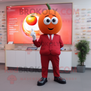 Red Apricot mascot costume character dressed with a Suit and Digital watches