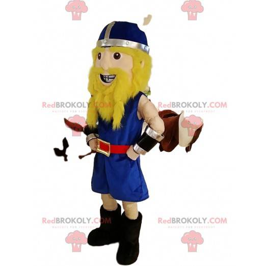 Mascote viking com roupa tradicional azul e capacete -