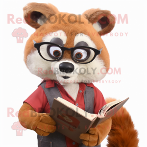 Beige Red Panda mascot costume character dressed with a Denim Shirt and Reading glasses