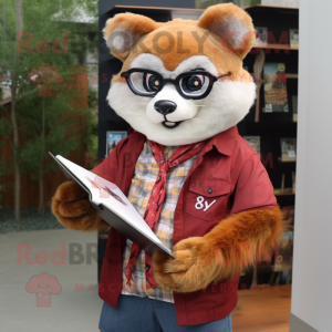 Beige Red Panda mascot costume character dressed with a Denim Shirt and Reading glasses