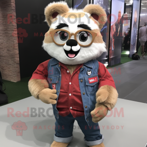 Beige Red Panda mascot costume character dressed with a Denim Shirt and Reading glasses