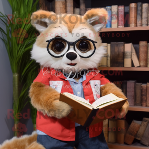 Beige Red Panda mascot costume character dressed with a Denim Shirt and Reading glasses