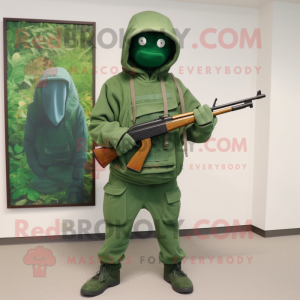 Green Sniper mascot costume character dressed with a Sweater and Tote bags