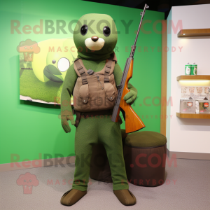 Green Sniper mascot costume character dressed with a Sweater and Tote bags