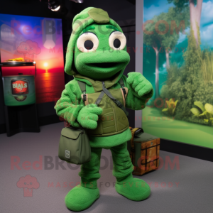 Green Sniper mascot costume character dressed with a Sweater and Tote bags