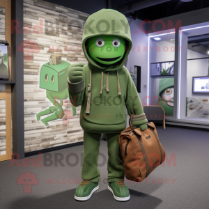 Green Sniper mascot costume character dressed with a Sweater and Tote bags