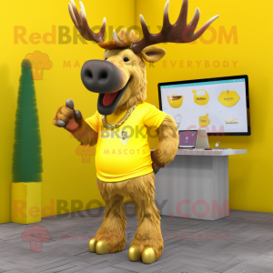 Yellow Irish Elk mascot costume character dressed with a T-Shirt and Earrings