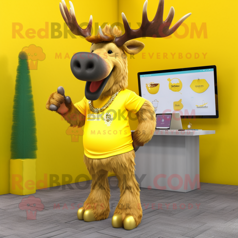 Yellow Irish Elk mascot costume character dressed with a T-Shirt and Earrings Yellow Irish Elk mascot costume character dressed with a T-Shirt and Earrings