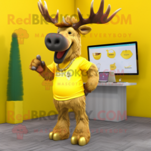 Yellow Irish Elk mascot costume character dressed with a T-Shirt and Earrings